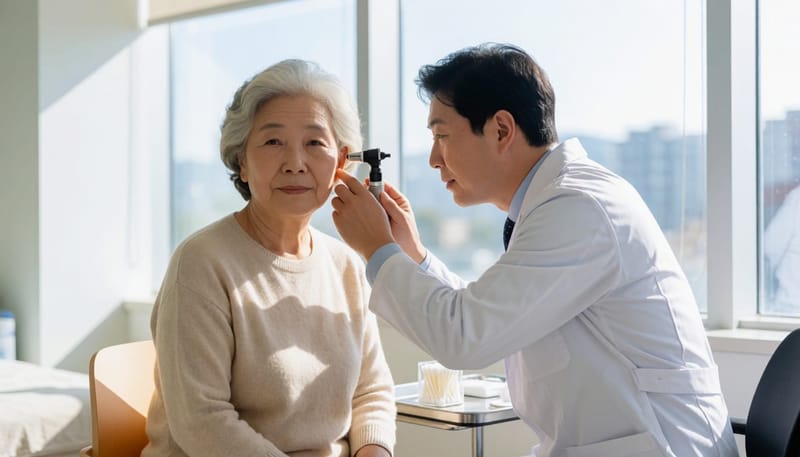 의료진이 환자의 귀를 진료 도구로 단계별로 살펴보는 진료실 장면