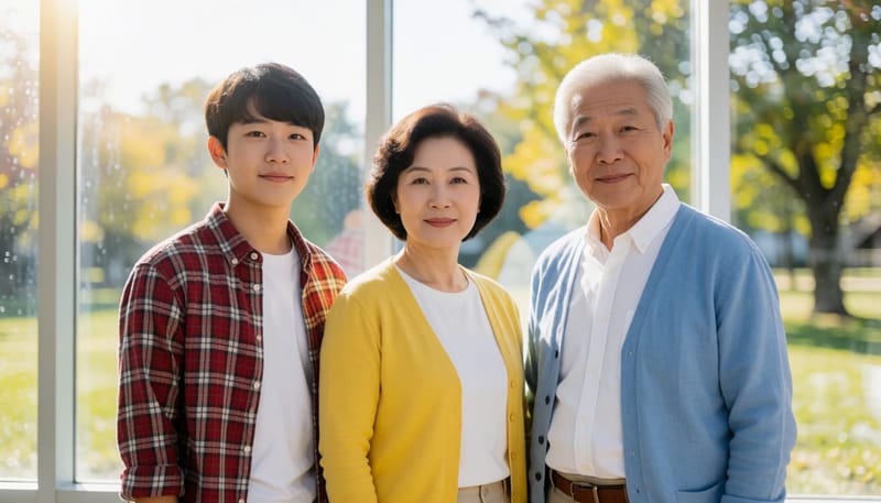 연령대가 다른 세 사람이 나란히 서서 귀 관리 차이를 보여주는 장면