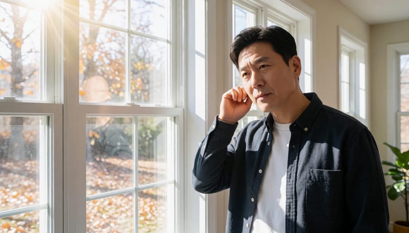 환절기 창가에서 귀를 문지르는 남성
