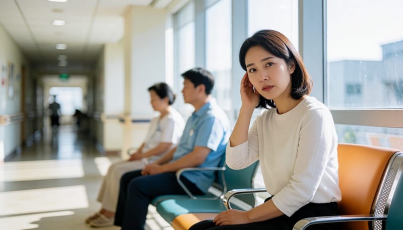병원 대기실에서 귀 통증을 느끼는 여성