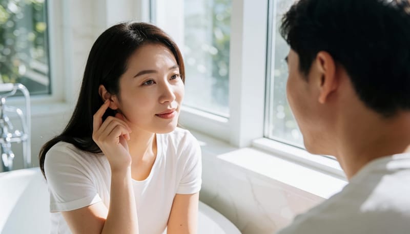 귀 주변을 손가락으로 만지며 불편해하는 여성의 모습