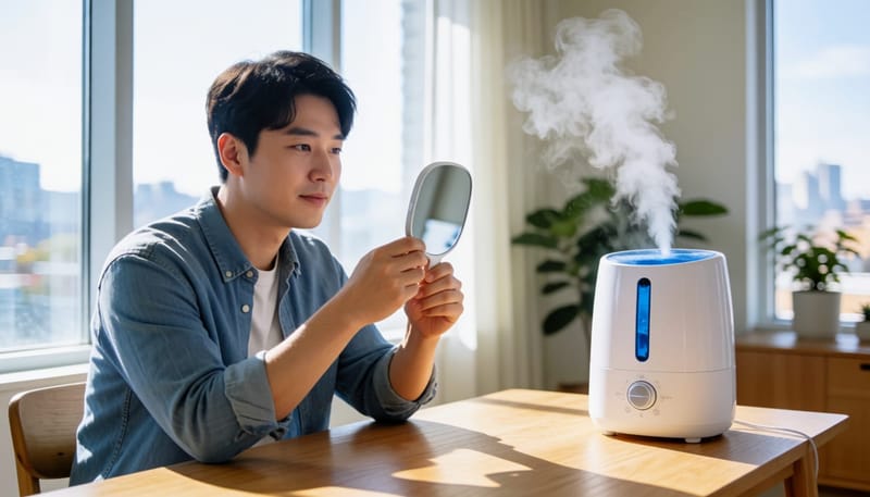 거울로 귀 상태를 확인하며 가습기가 작동 중인 실내 장면