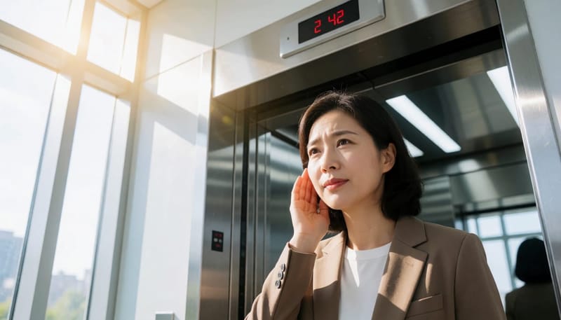 엘리베이터 안에서 귀를 만지며 멍한 표정을 짓는 여성