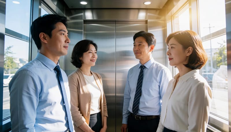 여러 사람이 함께 엘리베이터를 타고 있는 모습