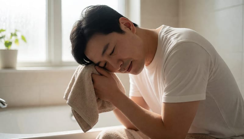 집에서 수건을 대고 조심스럽게 귀를 기울이는 남성