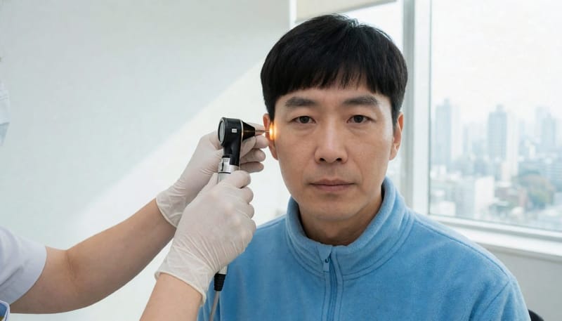 이경을 이용해 귓속을 들여다보는 검사 장면