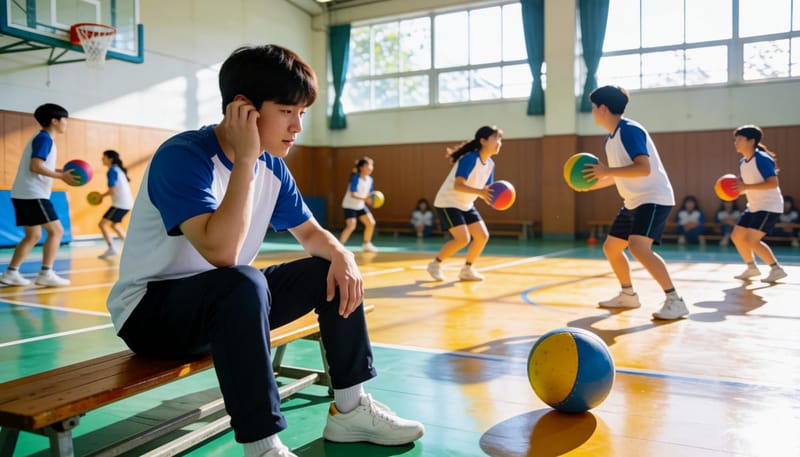 체육대회 중 공에 귀를 맞아 귀를 감싸고 있는 학생