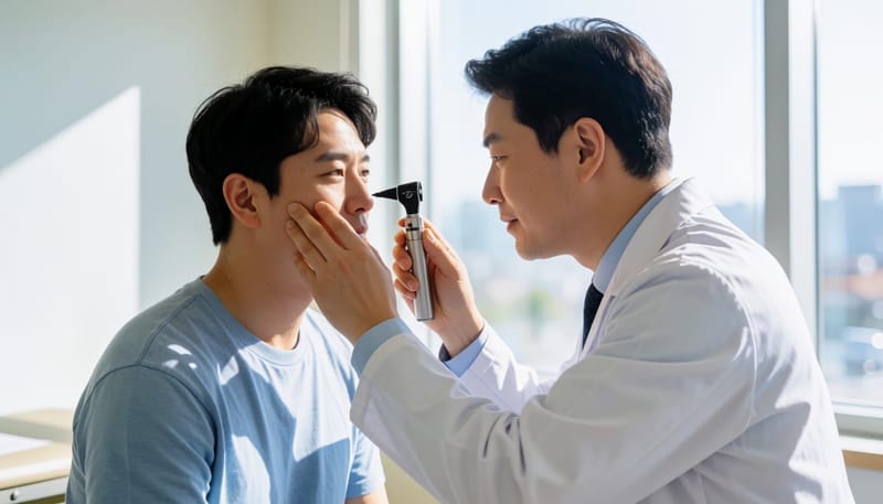 의사가 오토스코프로 환자의 귀 내부를 살펴보는 모습