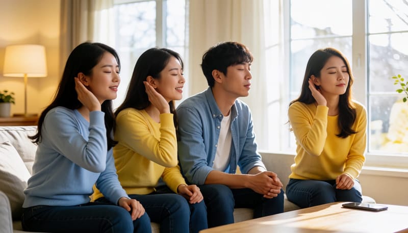 집에서 소리가 잘 들리지 않아 귀에 손을 대고 집중하는 여성