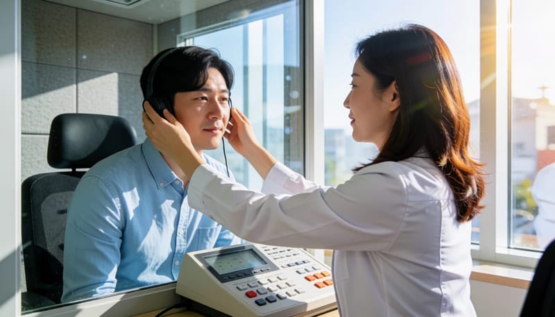 방음 부스에서 청력검사를 받고 있는 환자와 검사자