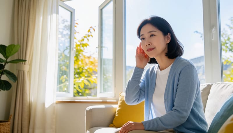 환절기에 귀가 먹먹해 손으로 귀를 누르고 있는 여성