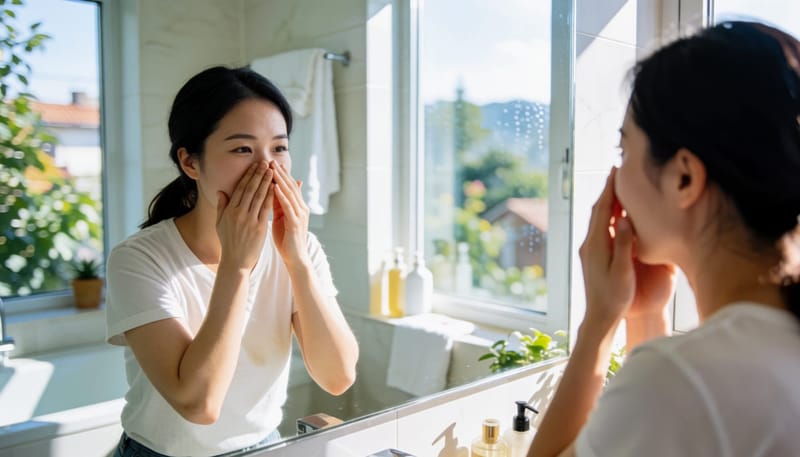 집에서 코를 막고 발살바법을 시도하는 여성