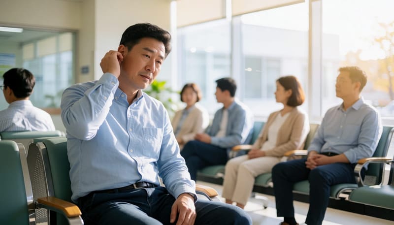 치료를 미루다 병원 대기실에서 귀를 만지는 남성