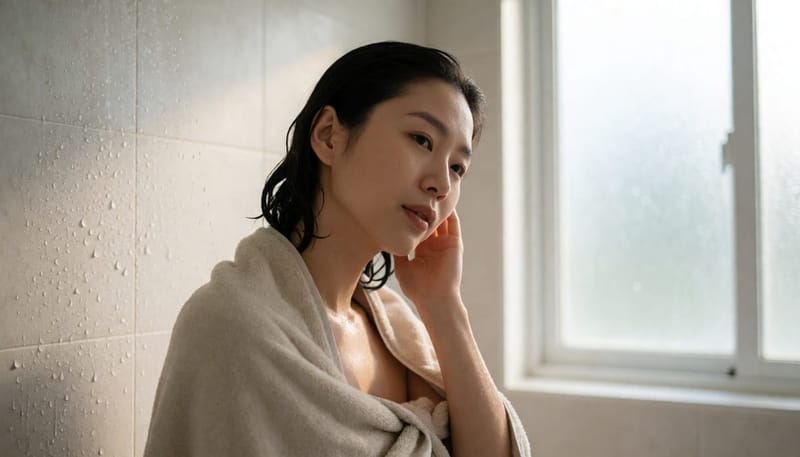 샤워 후 욕실에서 한쪽 귀를 손으로 누르며 물이 안 빠진 느낌에 고개를 갸웃하는 여성