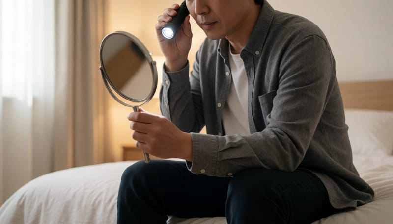 집에서 손거울과 손전등으로 자신의 귀 상태를 스스로 확인해보는 남성
