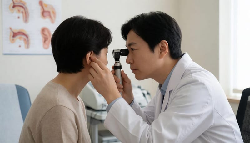 이경으로 환자의 외이도를 자세히 살펴보는 이비인후과 의사의 진료 장면
