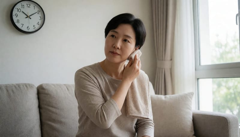 시간과 방법을 지켜가며 단계별로 귀 관리를 실천하는 여성의 거실 모습
