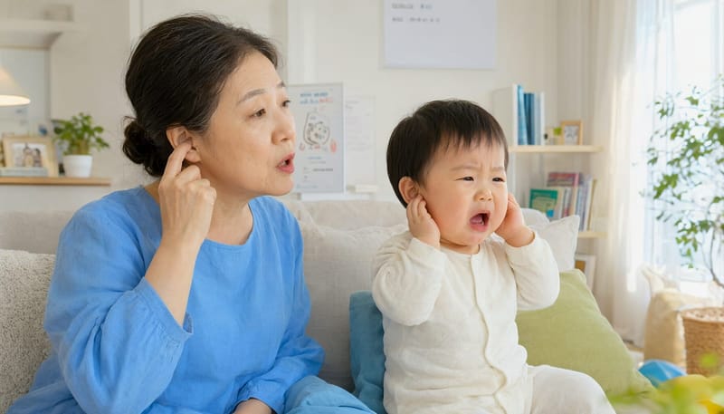 귀 불편함을 직접 말로 표현하는 60대 여성과 말을 못 하고 귀를 만지며 우는 아기