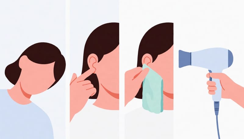 귀에 찬 물을 빼는 단계별 과정(머리 기울이기, 귓바퀴 당기기, 수건 닦기, 헤어드라이어 사용)