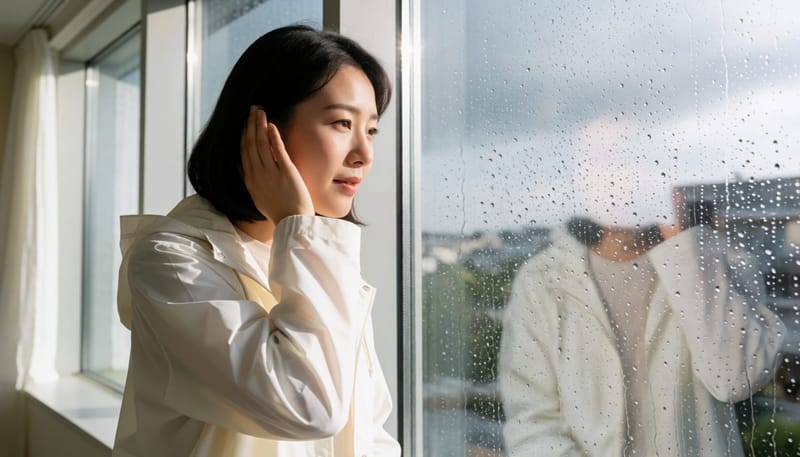 장마철 습한 날씨에 귀가 불편해 손으로 귀를 짚고 있는 여성