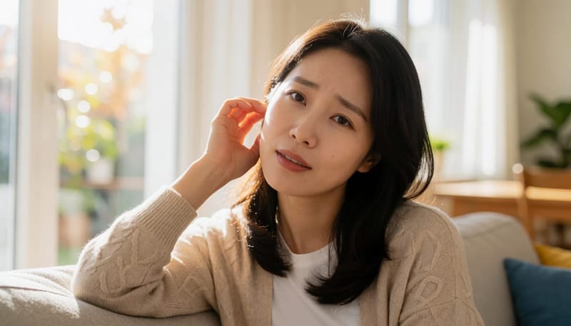 귀가 꽉 찬 느낌에 걱정스러운 표정으로 귀를 만지는 여성