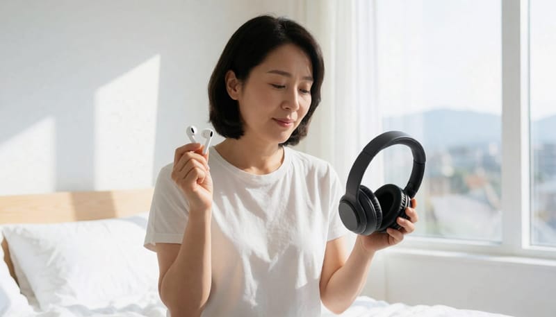 무선 이어버드와 오버이어 헤드폰을 양손에 들고 비교하는 여성