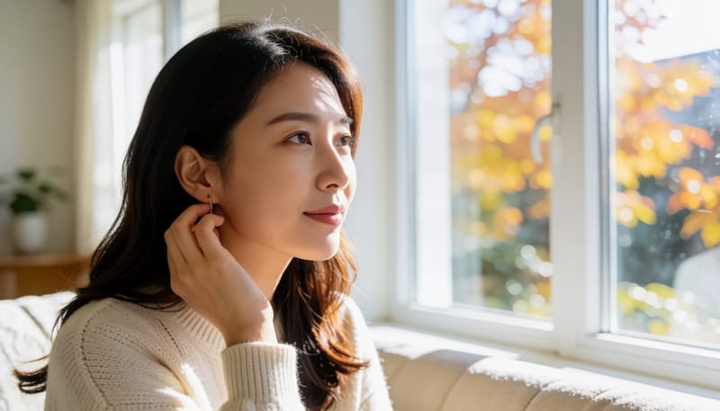 환절기 건조한 날씨 속 귓불 염증을 손으로 만지는 여성의 옆모습