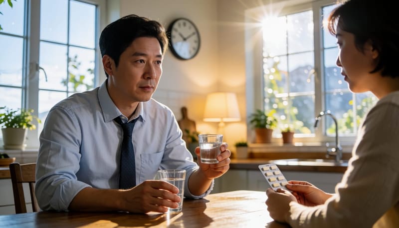 저녁 늦게 식탁에서 소화제를 또 삼키려는 남성