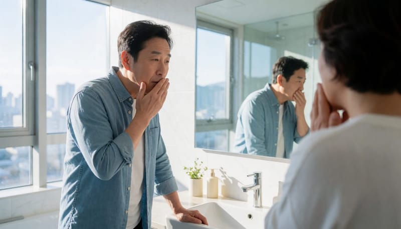 목 통증과 잔기침 등 동반 증상을 겉으로 보여주는 남성