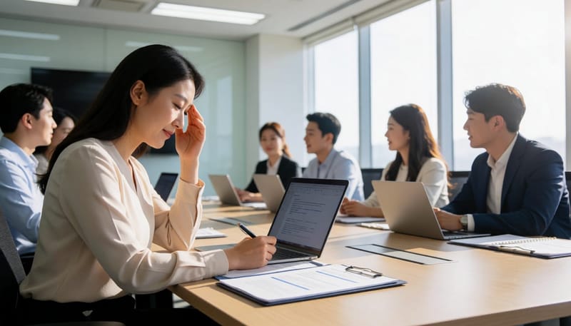 회의 중 집중력이 흔들리는 피곤한 여성 직장인