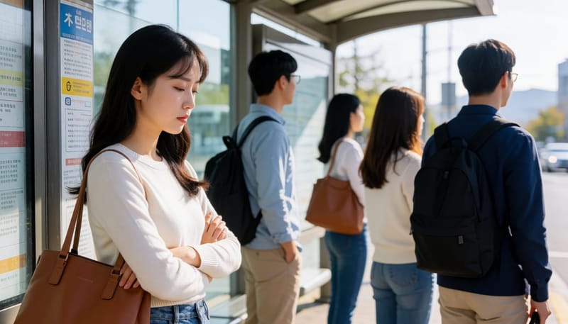 버스정류장에서 다른 사람들과 거리를 둔 채 무표정하게 서 있는 여성