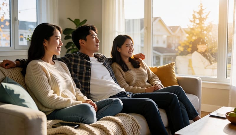 거실 소파에서 피곤한 듯 기지개를 켜는 남성의 일상적인 모습