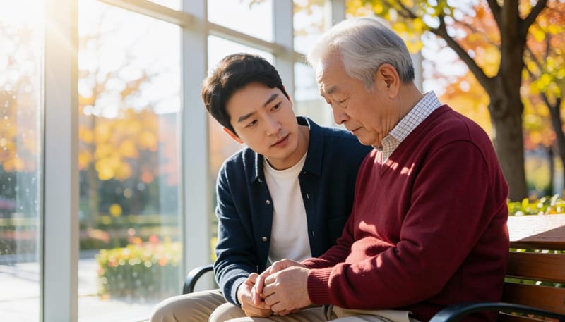 공원 벤치에서 아버지 곁에 앉아 걱정스러운 표정으로 대화를 나누는 아들
