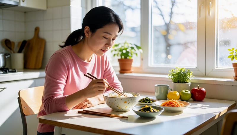 밥그릇을 반쯤 남긴 채 식탁에 앉아 있는 여성