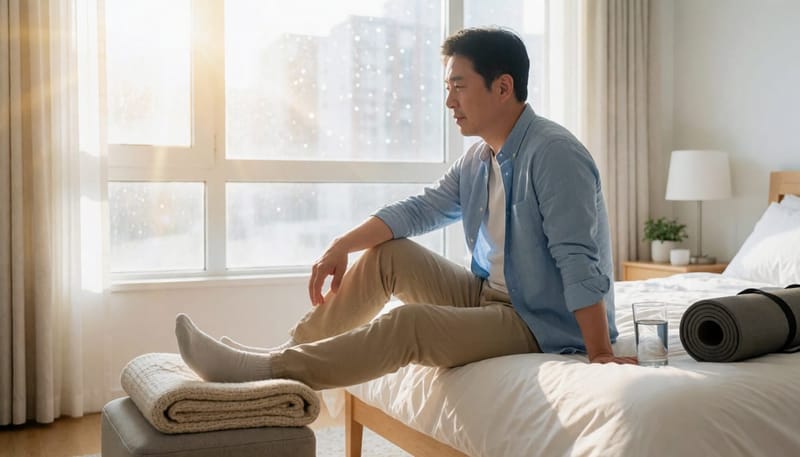 침대에 걸터앉아 다리를 올리고 발목 스트레칭을 하는 남성
