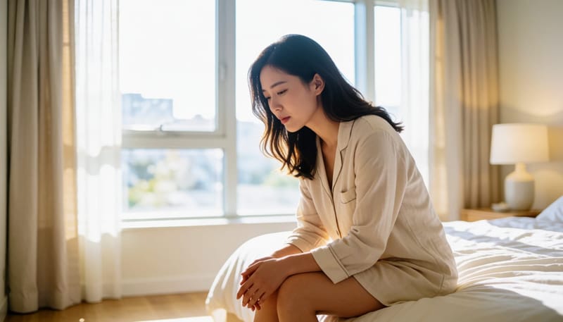 침대에 앉아 한쪽 아랫배를 손으로 누르며 통증을 느끼는 여성