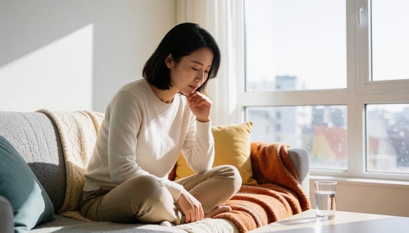 소파에 앉아 아랫배에 손을 얹고 생각에 잠긴 여성