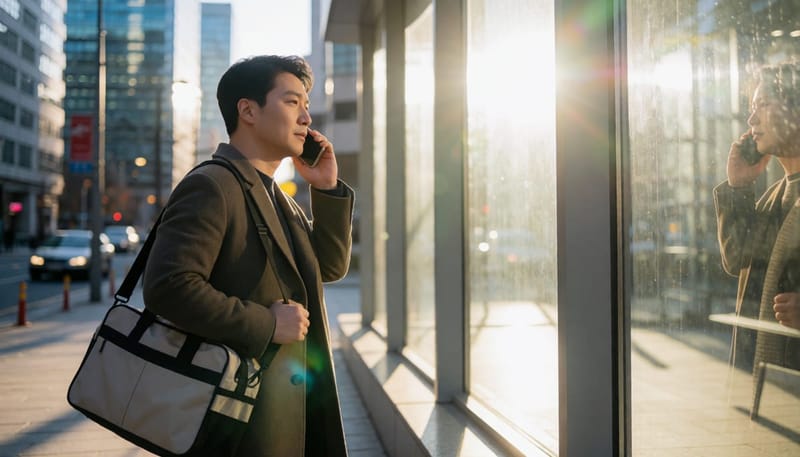 퇴근길 거리에서 부모님께 전화하며 걱정스러운 표정을 짓는 중년 남성