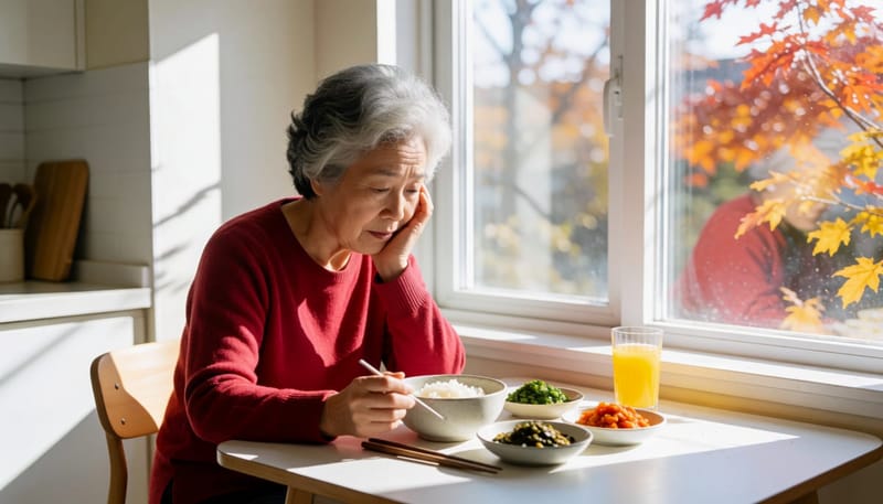 환절기 창가 식탁에서 밥을 반쯘 남기고 피곤한 표정으로 앉아있는 할머니