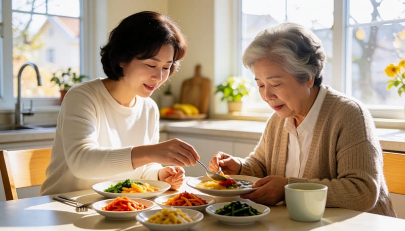 딸이 어머니 식탁에 소량의 반찬을 정성스럽게 덜어주는 모습