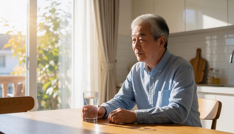 물잔을 앞에 두고도 갈증을 못 느끼는 어르신의 모습