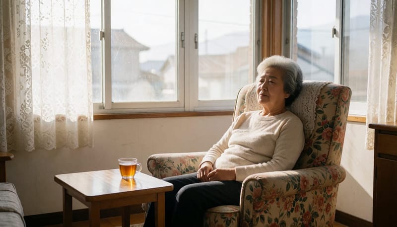 기운없이 안락의자에 늘어져 앉아 있는 할머니의 모습