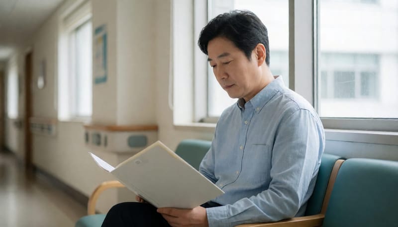 건강검진 결과지를 받아 든 채 생각에 잠긴 남성
