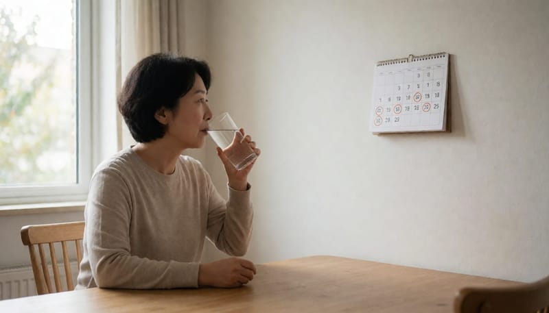 달력에 표시된 날짜를 확인하며 물을 마시는 여성