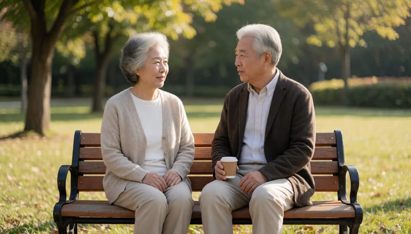 공원 벤치에 앉아 이야기를 나누는 노년 부부