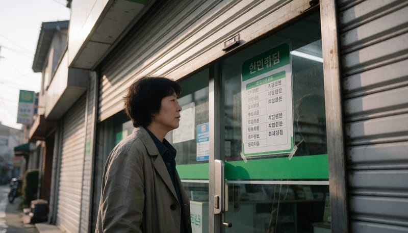 이른 아침 문 닫힌 약국 앞에서 영업시간을 확인하는 여성