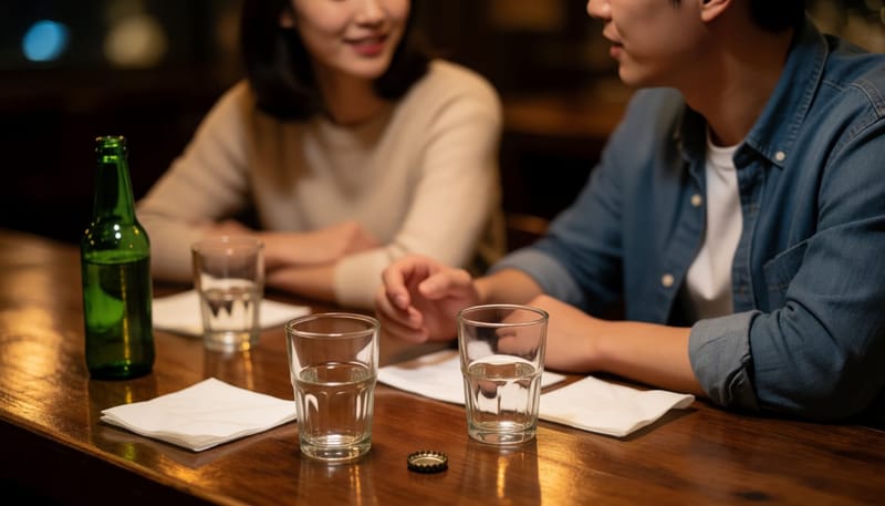 회식 후 흐트러진 술자리 테이블, 배경에 흐릿한 커플