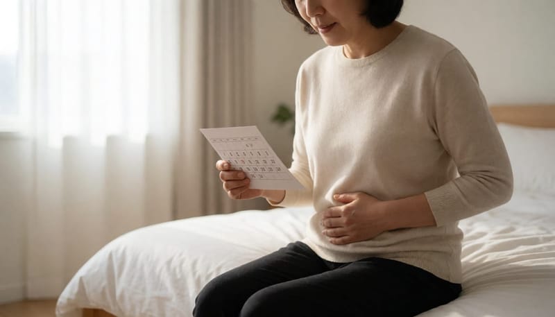 매달 같은 시기 반복되는 하복부 통증에 달력을 확인하며 걱정하는 여성