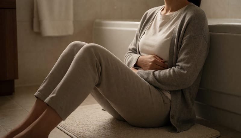 통증의 양상을 가늠하며 몸을 웅크리고 있는 여성