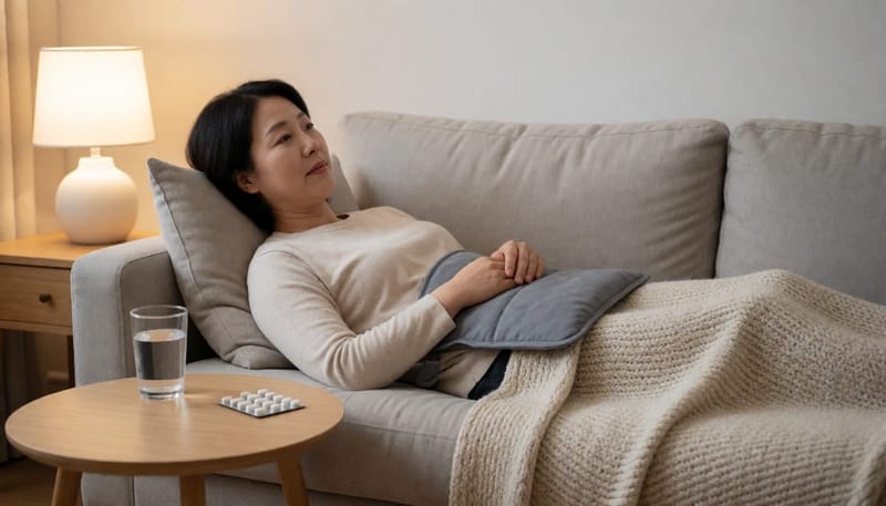 온열팩과 약으로 통증을 관리하는 생활 속 모습